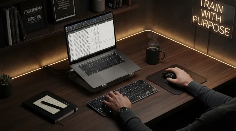 Planejamento de treinos da assessoria online no notebook, com a frase Train with Purpose